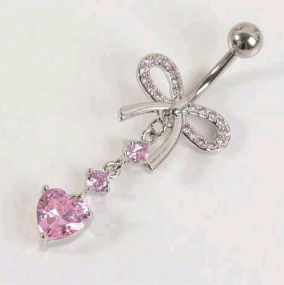 Pink Rhinestone Bow With Dangling Rounds & Heart Bellybutton Ring Jewelry (OS)